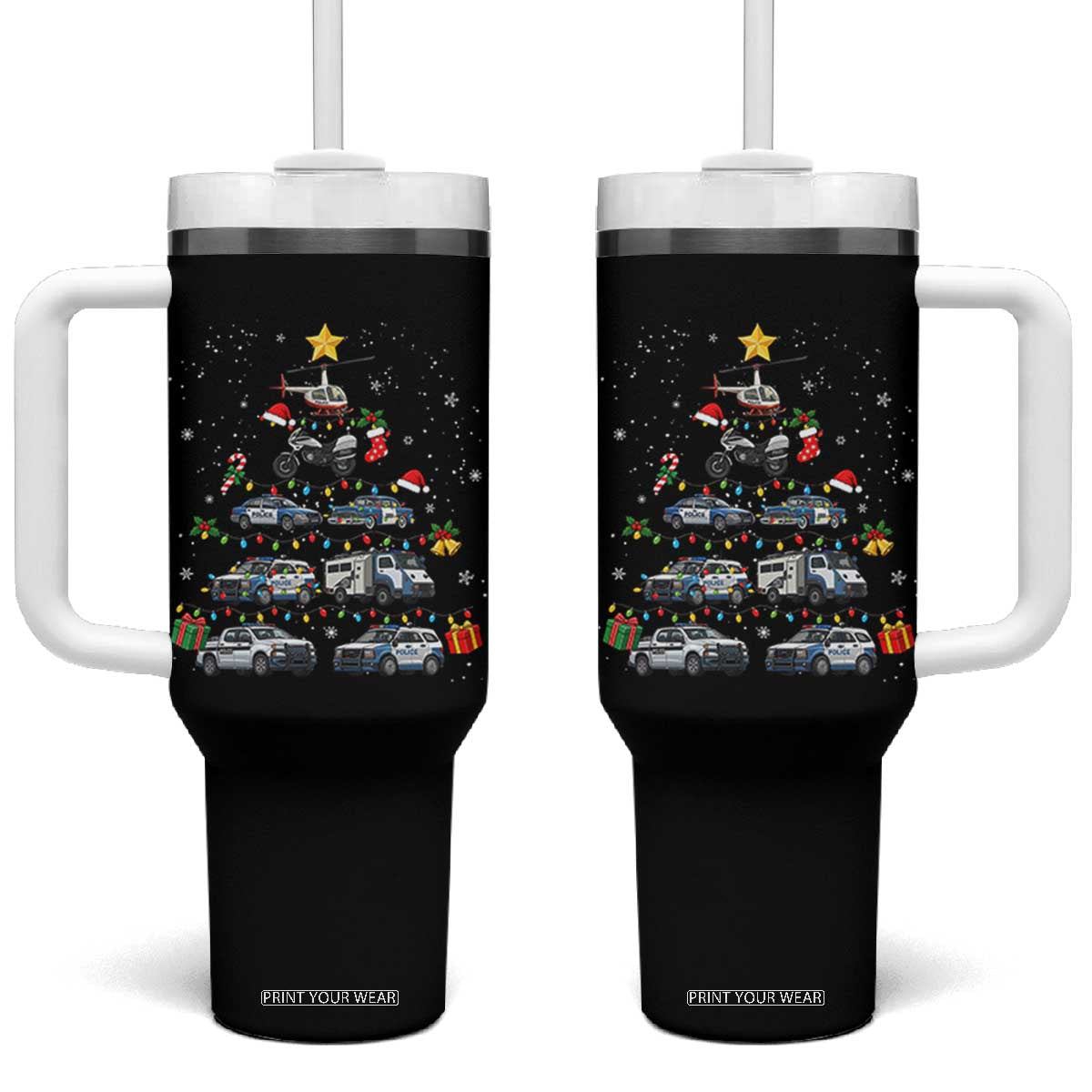 Funny Police Car Holiday Christmas Tree Tumbler With Handle Law Enforcement Cop Appreciation Gift