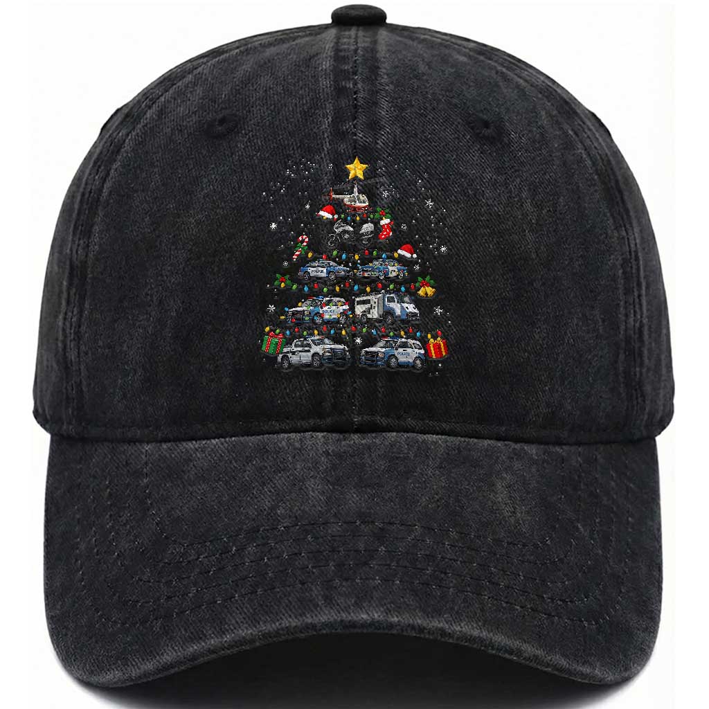 Funny Police Car Holiday Christmas Tree Washed Cotton Baseball Cap Law Enforcement Cop Appreciation Gift
