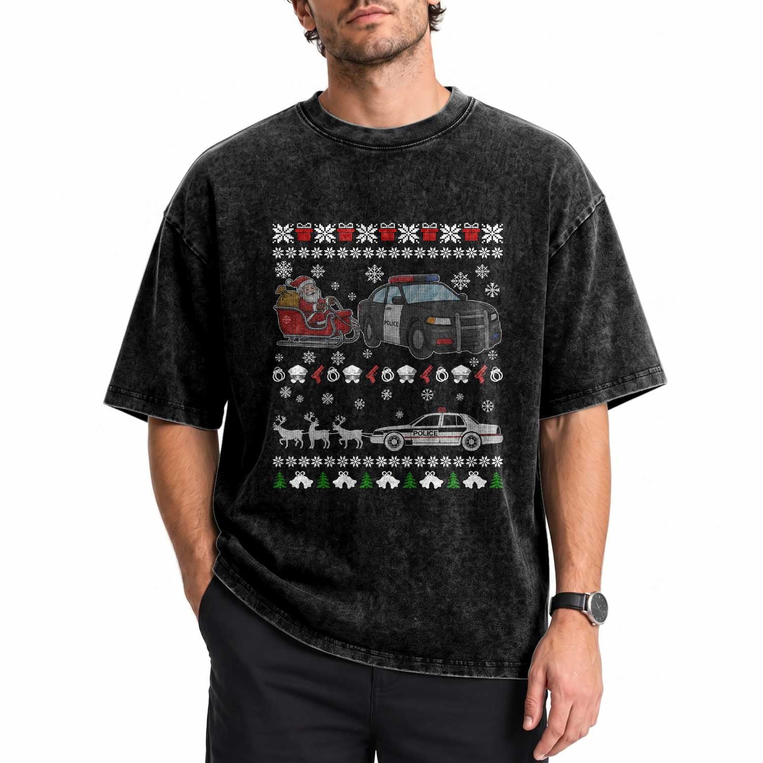 Funny Police Car Santa Reindeer Xmas Washed Cotton T-Shirt Law Enforcement Christmas Gift