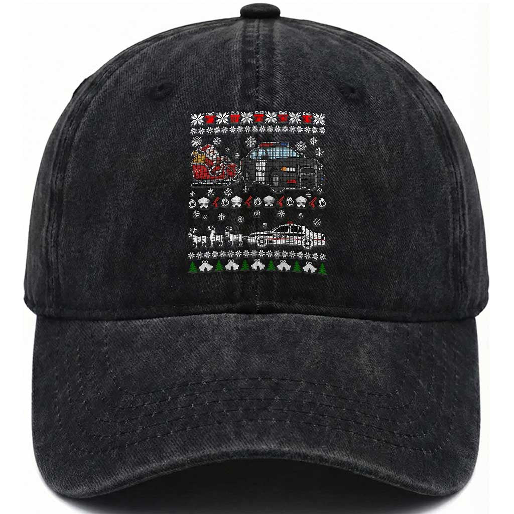 Funny Police Car Santa Reindeer Xmas Washed Cotton Baseball Cap Law Enforcement Christmas Gift