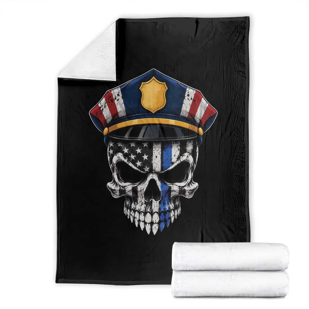 Vintage Patriotic Police Skull US Flag Throw Blanket First Responder Pride