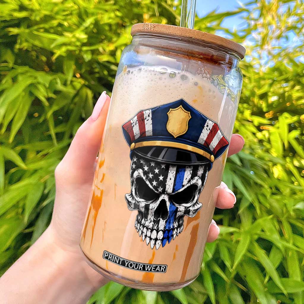 Vintage Patriotic Police Skull US Flag Glass Can First Responder Pride