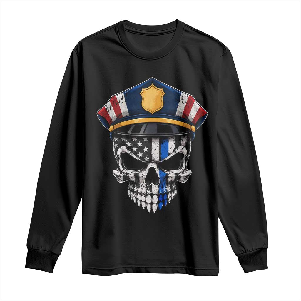 Vintage Patriotic Police Skull US Flag Long Sleeve Shirt First Responder Pride