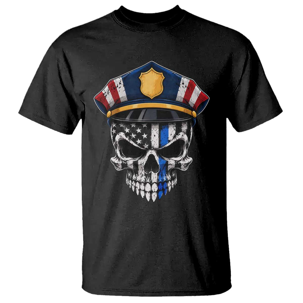 Vintage Patriotic Police Skull US Flag T Shirt First Responder Pride
