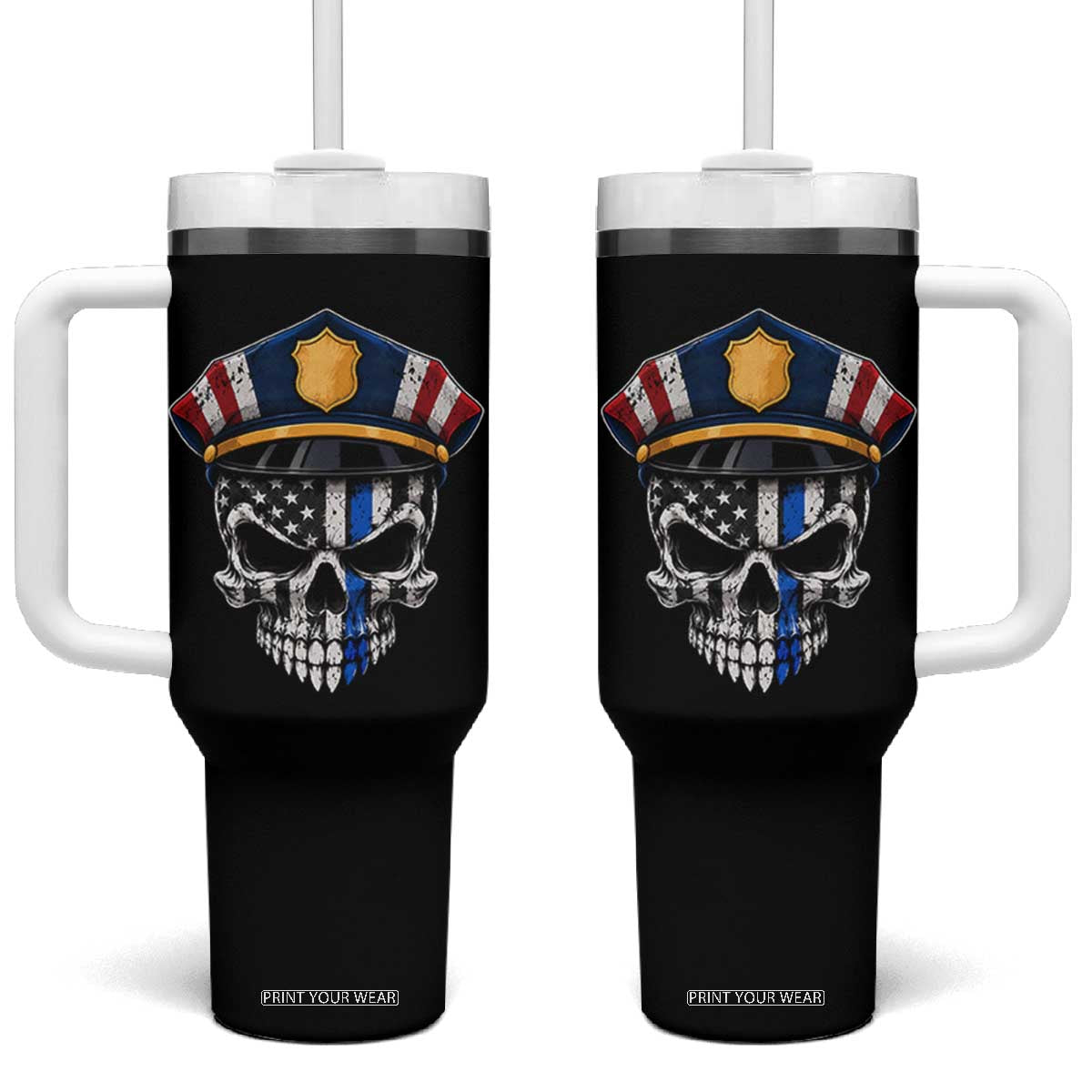 Vintage Patriotic Police Skull US Flag Tumbler With Handle First Responder Pride