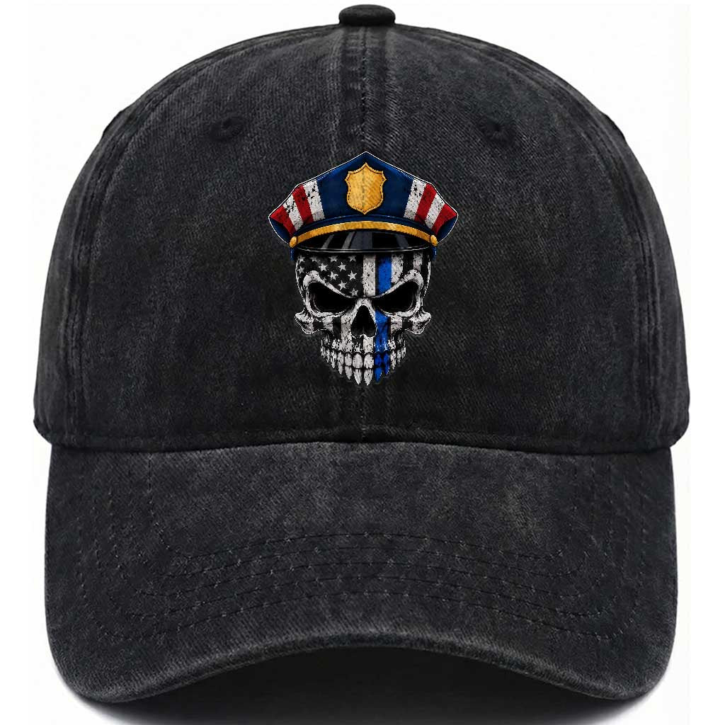 Vintage Patriotic Police Skull US Flag Washed Cotton Baseball Cap First Responder Pride