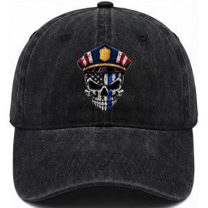 Vintage Patriotic Police Skull US Flag Washed Cotton Baseball Cap First Responder Pride