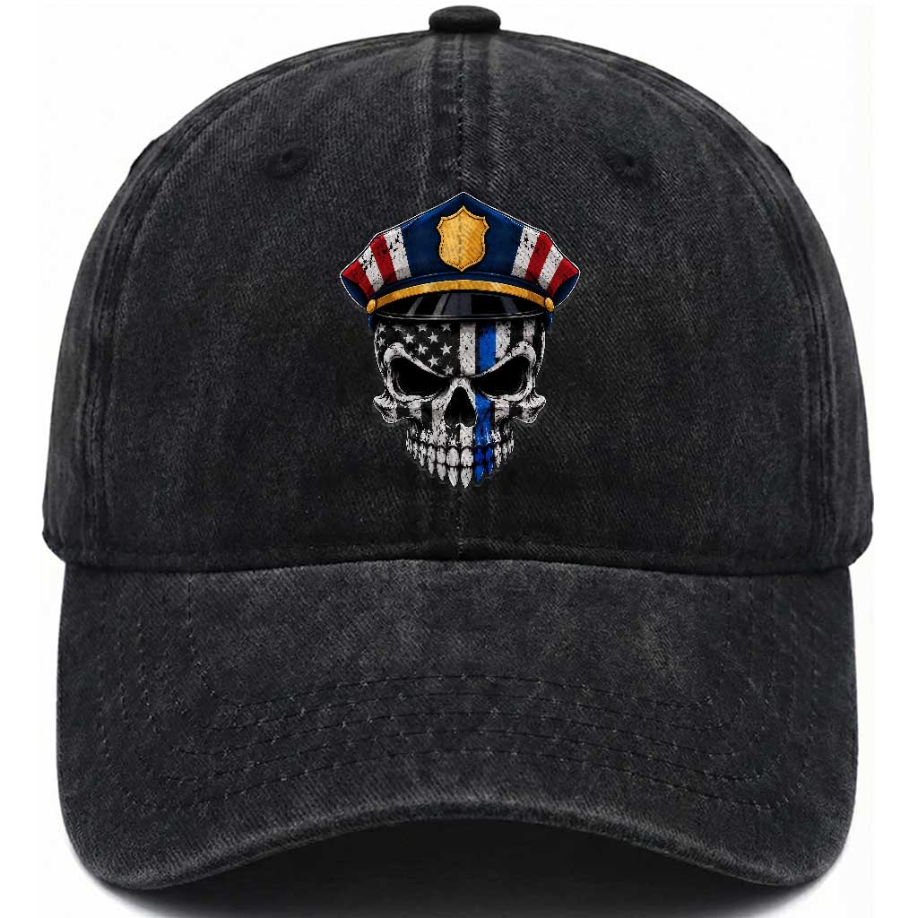 Vintage Patriotic Police Skull US Flag Washed Cotton Baseball Cap First Responder Pride