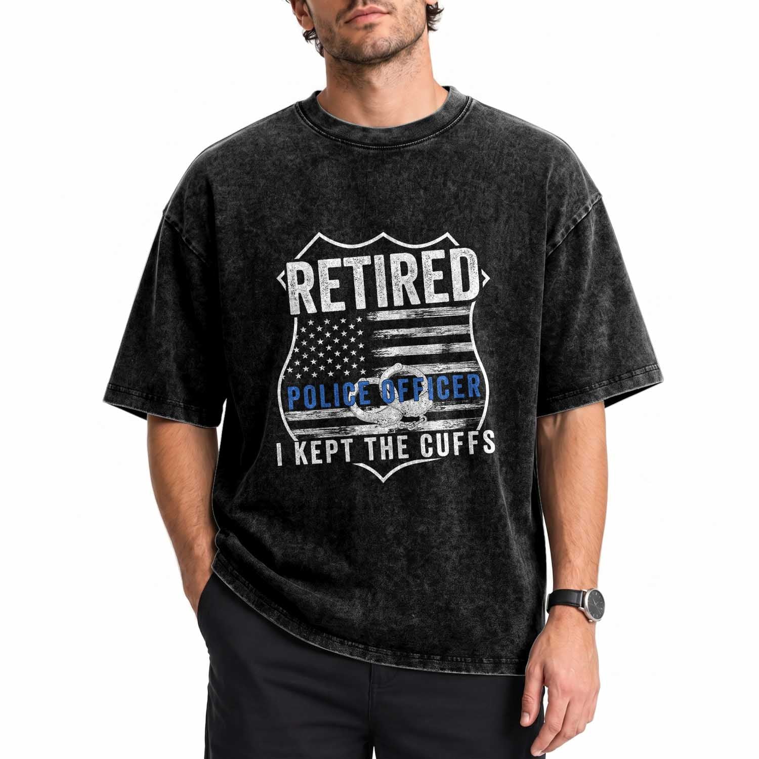 Police Retirement Washed Cotton T-Shirt I Kept The Cuffs Funny Policemen Gift