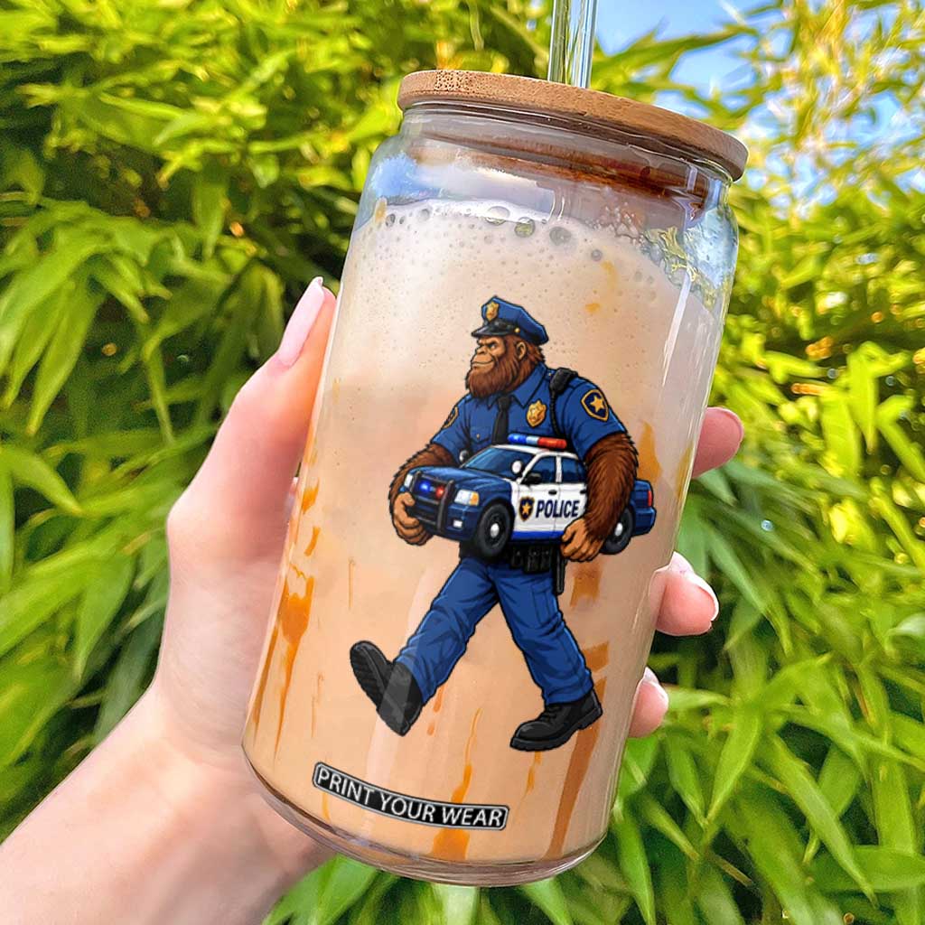 Funny Bigfoot Police Law Enforcement Glass Can Carrying Patrol Car Cryptid