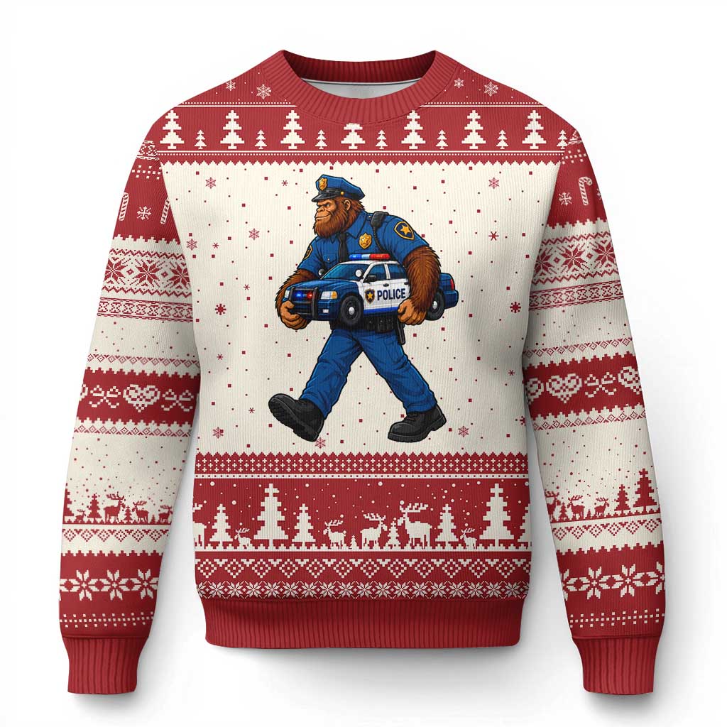 Funny Bigfoot Police Law Enforcement Ugly Christmas Sweater Carrying Patrol Car Cryptid