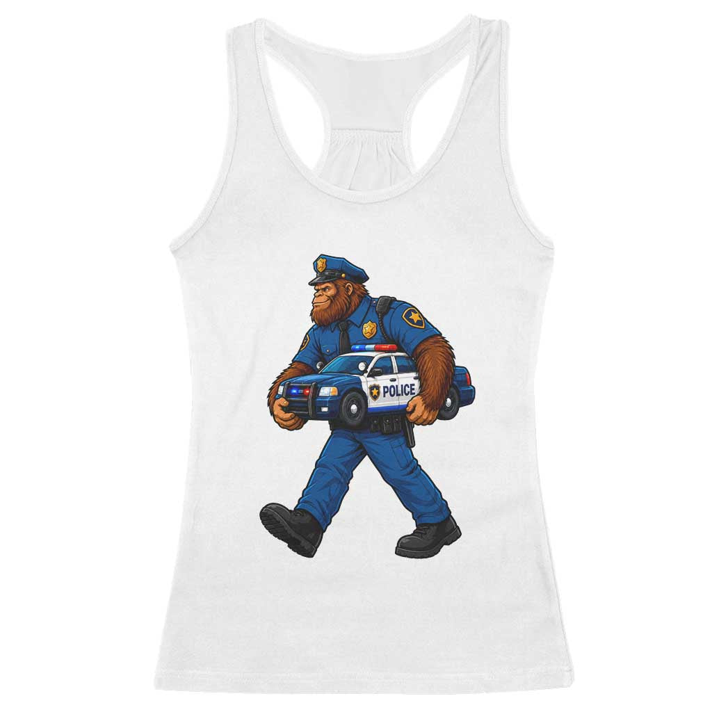 Funny Bigfoot Police Law Enforcement Racerback Tank Top Carrying Patrol Car Cryptid