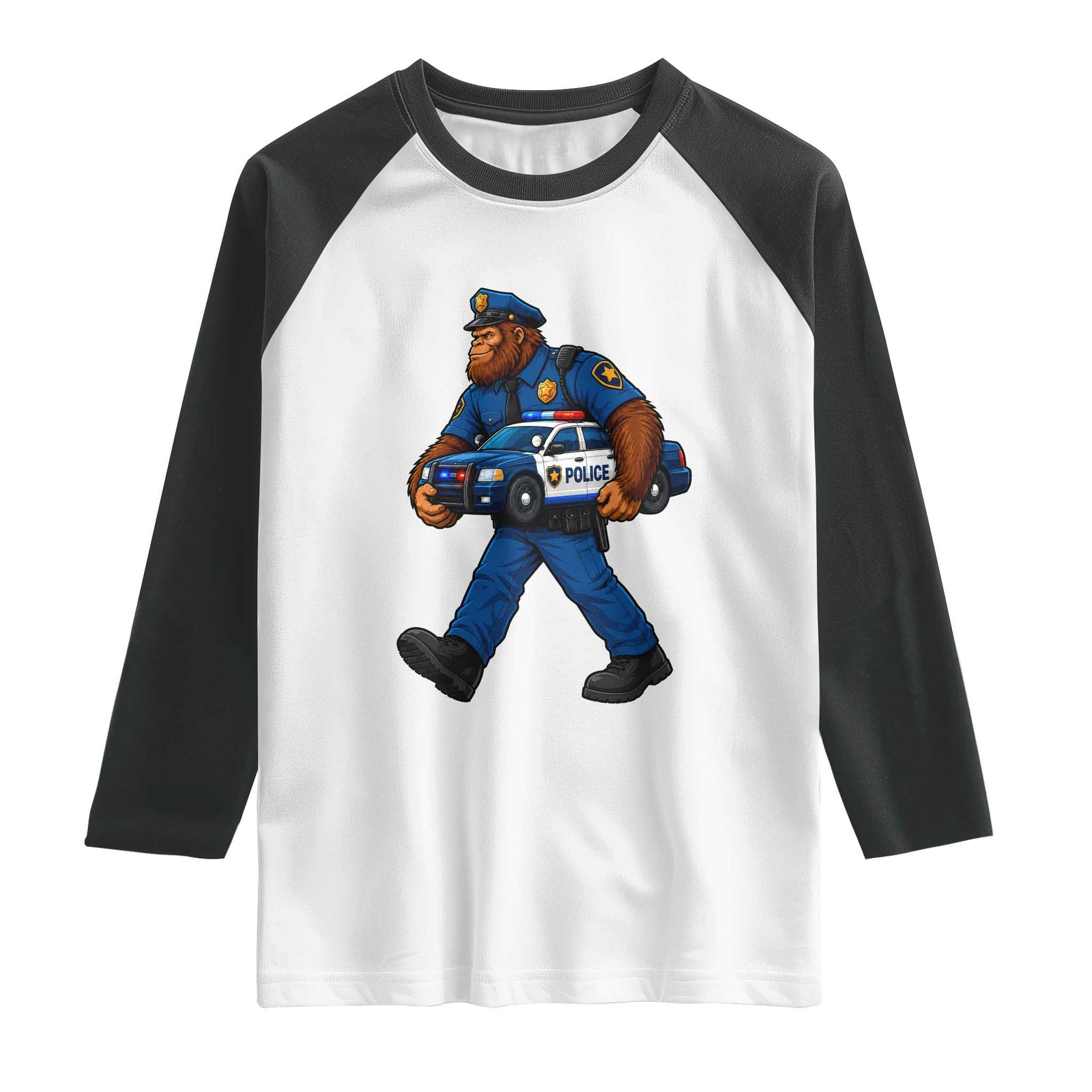 Funny Bigfoot Police Law Enforcement Raglan Shirt Carrying Patrol Car Cryptid