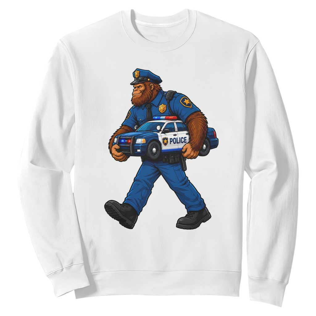 Funny Bigfoot Police Law Enforcement Sweatshirt Carrying Patrol Car Cryptid