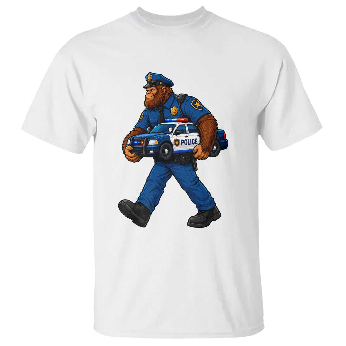 Funny Bigfoot Police Law Enforcement T Shirt Carrying Patrol Car Cryptid