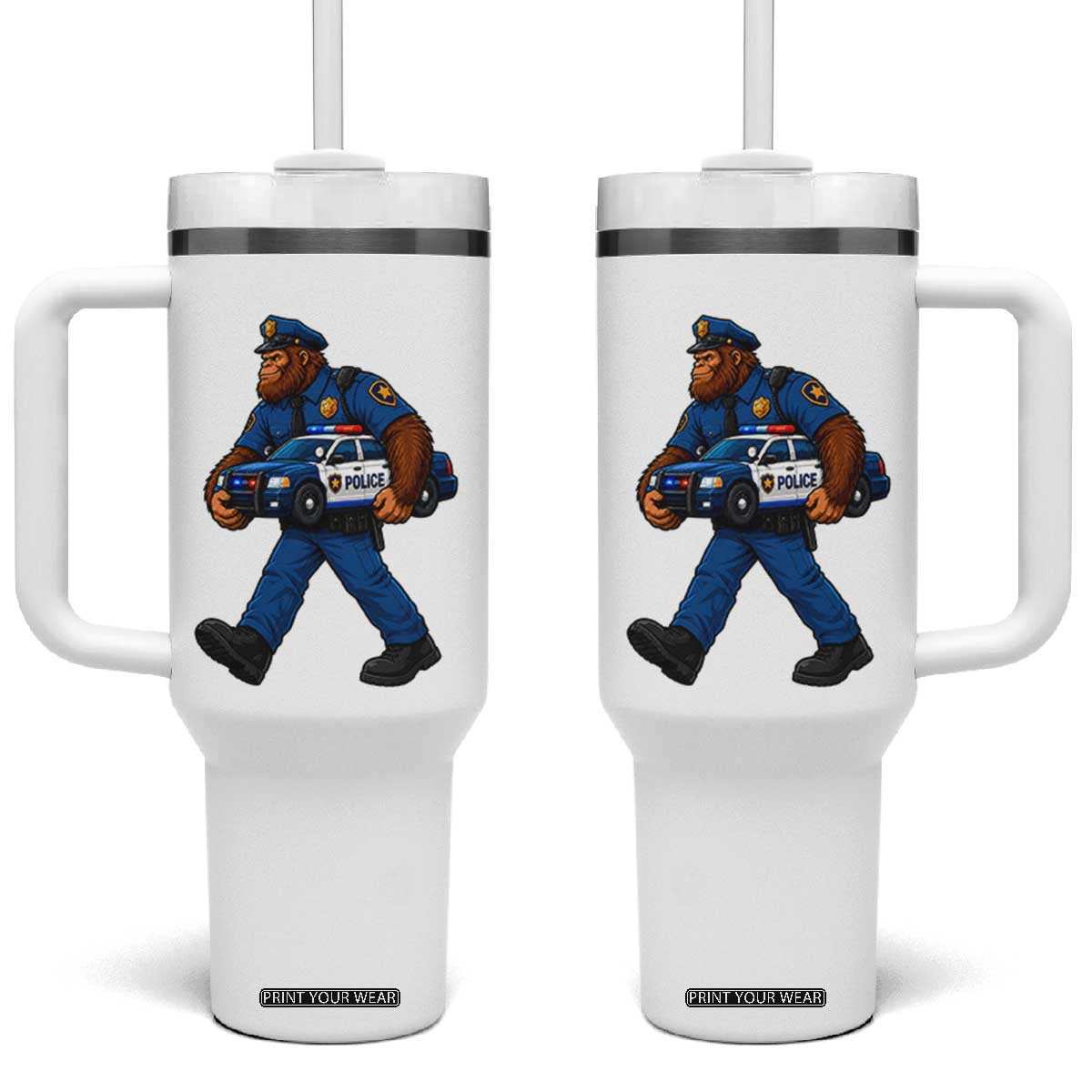 Funny Bigfoot Police Law Enforcement Tumbler With Handle Carrying Patrol Car Cryptid