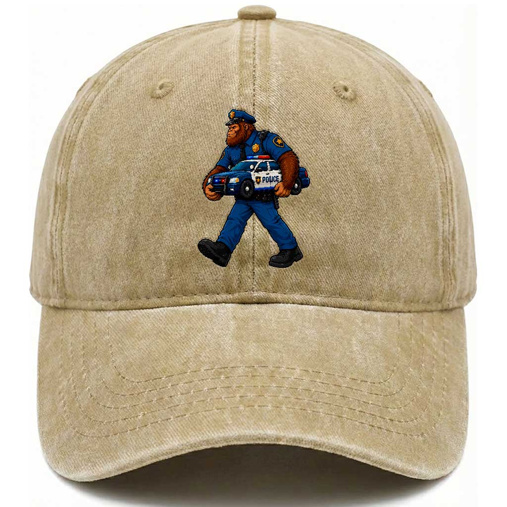Funny Bigfoot Police Law Enforcement Washed Cotton Baseball Cap Carrying Patrol Car Cryptid