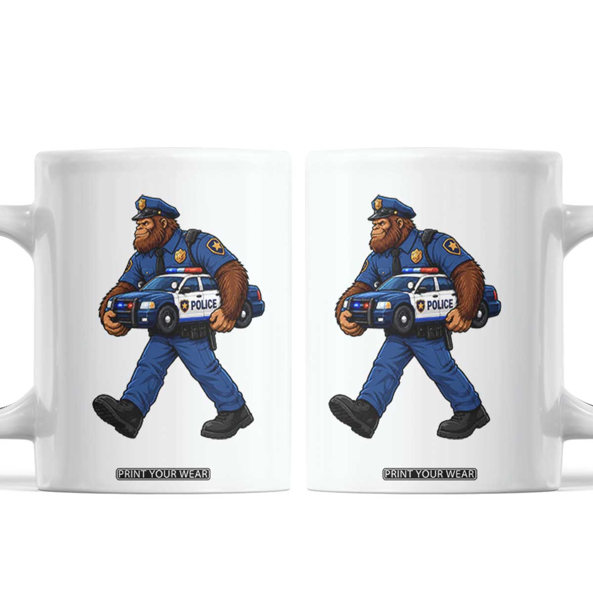 Funny Bigfoot Police Law Enforcement Coffee Mug Carrying Patrol Car Cryptid