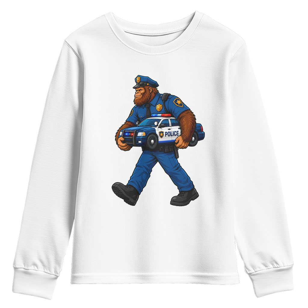 Funny Bigfoot Police Law Enforcement Youth Sweatshirt Carrying Patrol Car Cryptid