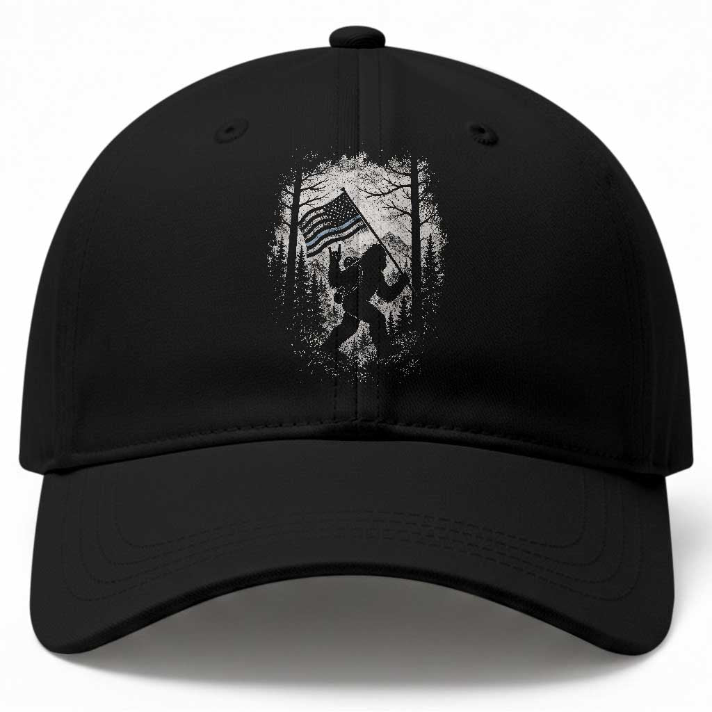 Vintage Bigfoot American Flag Police Support Baseball Cap Cryptid Forest Rock On
