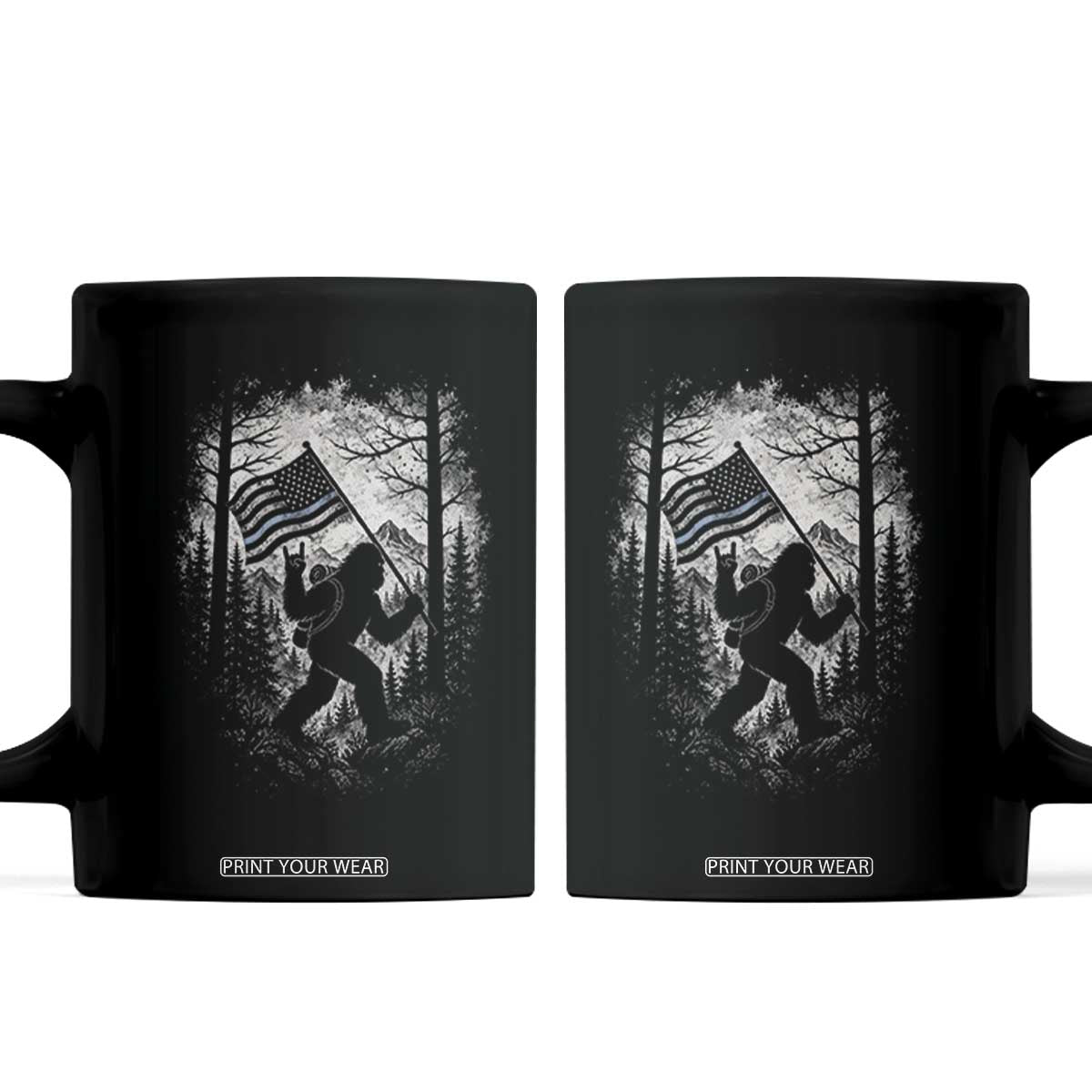 Vintage Bigfoot American Flag Police Support Coffee Mug Cryptid Forest Rock On