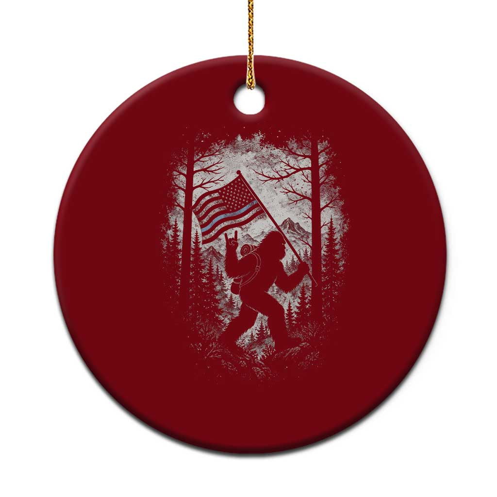 Vintage Bigfoot American Flag Police Support Ceramic Ornament Cryptid Forest Rock On