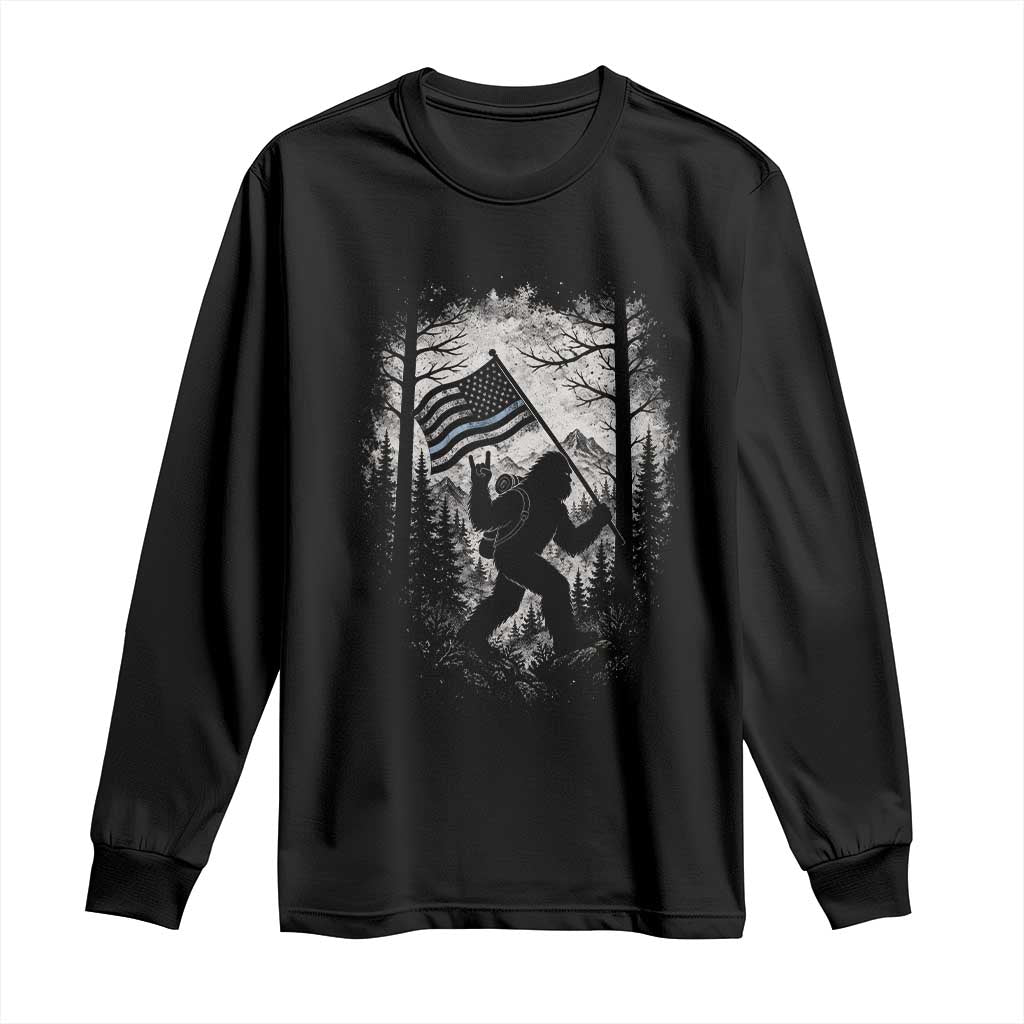Vintage Bigfoot American Flag Police Support Long Sleeve Shirt Cryptid Forest Rock On