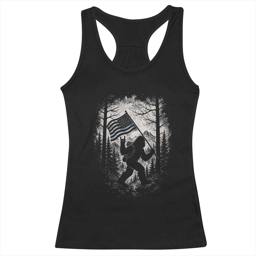 Vintage Bigfoot American Flag Police Support Racerback Tank Top Cryptid Forest Rock On