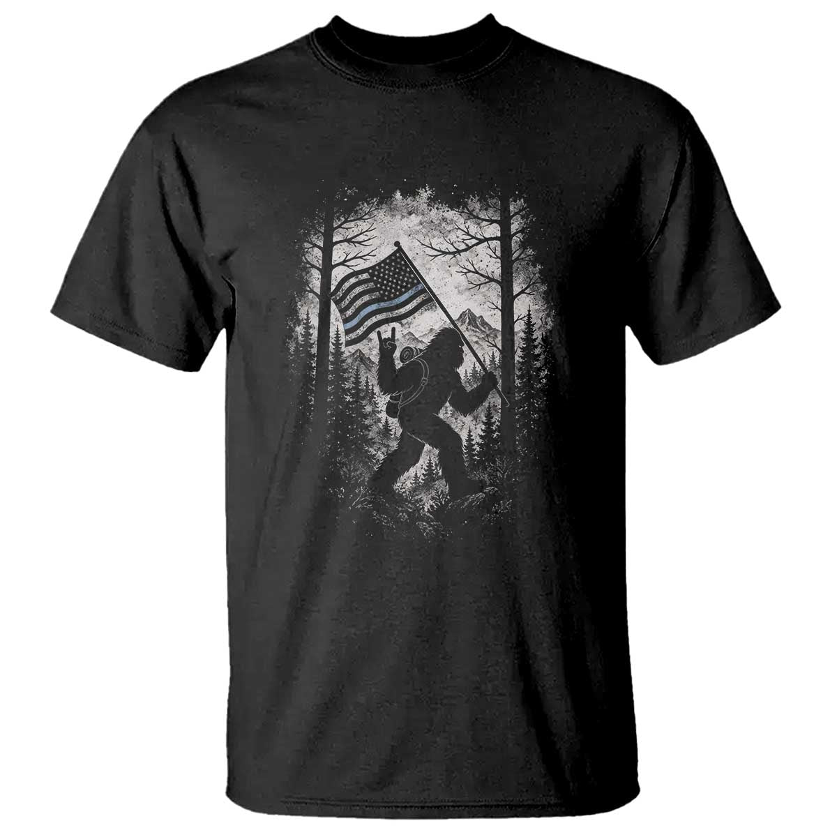Vintage Bigfoot American Flag Police Support T Shirt Cryptid Forest Rock On