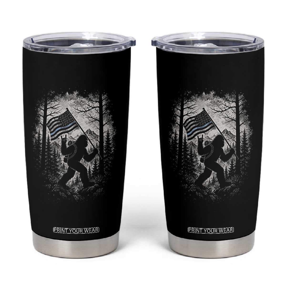 Vintage Bigfoot American Flag Police Support Tumbler Cup Cryptid Forest Rock On