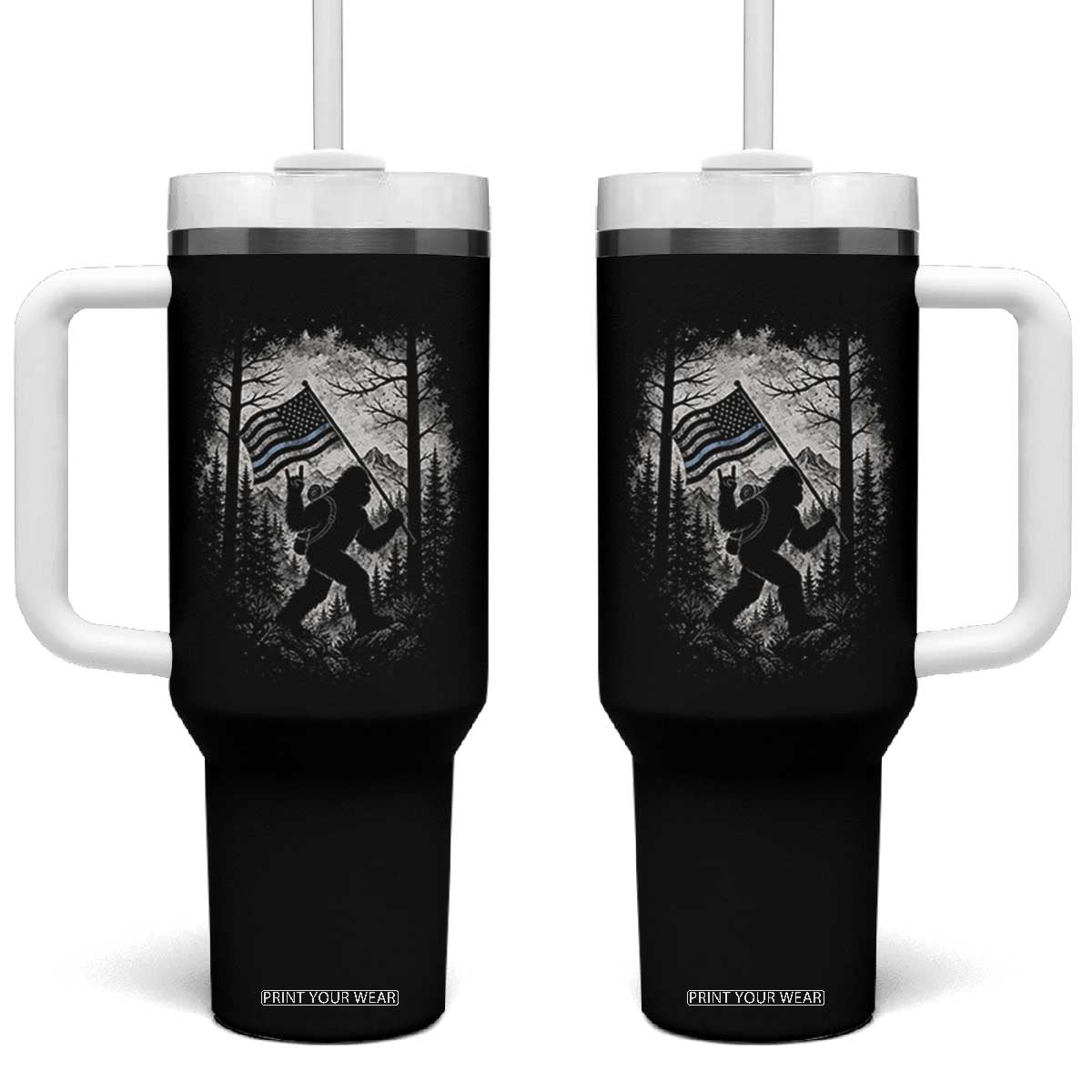 Vintage Bigfoot American Flag Police Support Tumbler With Handle Cryptid Forest Rock On