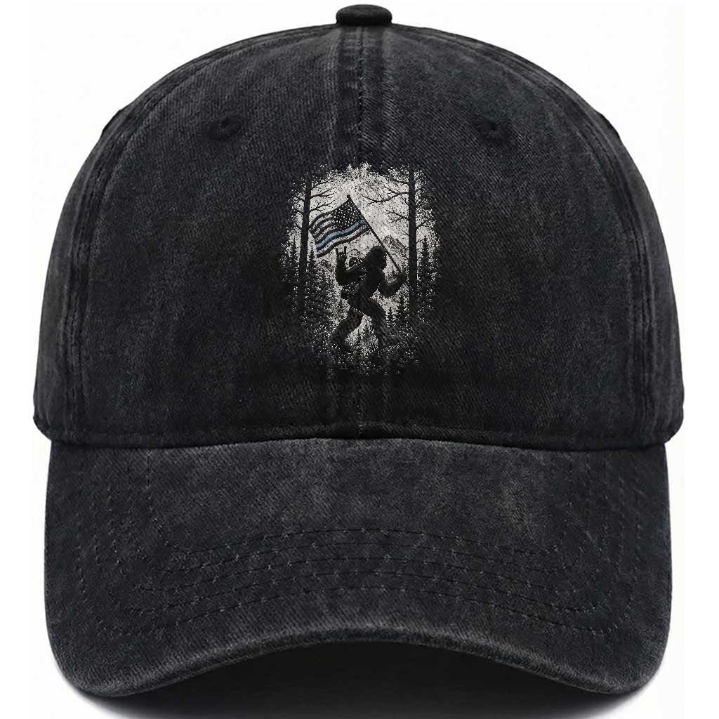 Vintage Bigfoot American Flag Police Support Washed Cotton Baseball Cap Cryptid Forest Rock On