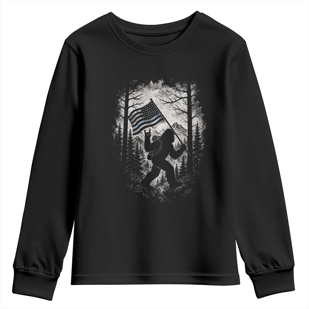 Vintage Bigfoot American Flag Police Support Youth Sweatshirt Cryptid Forest Rock On