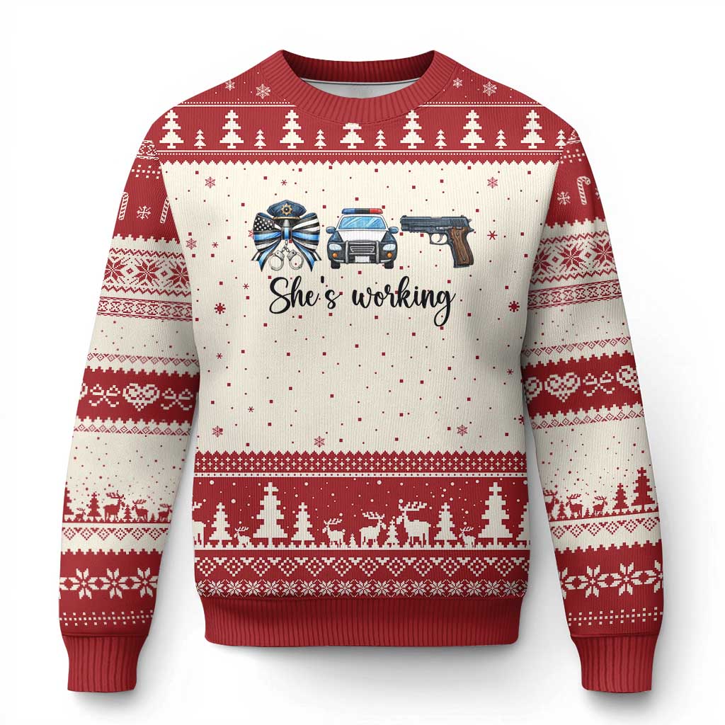 Police Coquette Bow First Responder Pride Ugly Christmas Sweater She Is Working