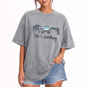 Police Coquette Bow First Responder Pride Washed Cotton T-Shirt She Is Working