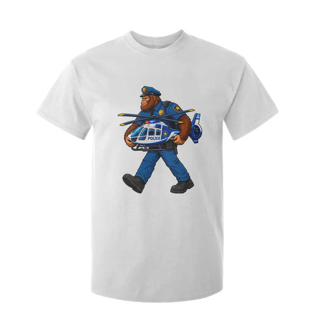 Funny Bigfoot Police T Shirt For Kid Law Enforcement Carrying Helicopter