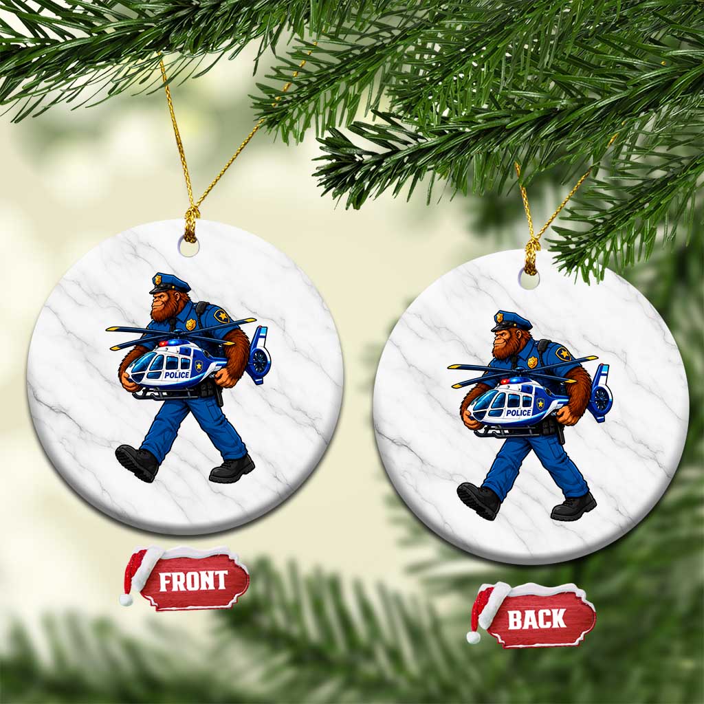 Funny Bigfoot Police Ceramic Ornament Law Enforcement Carrying Helicopter