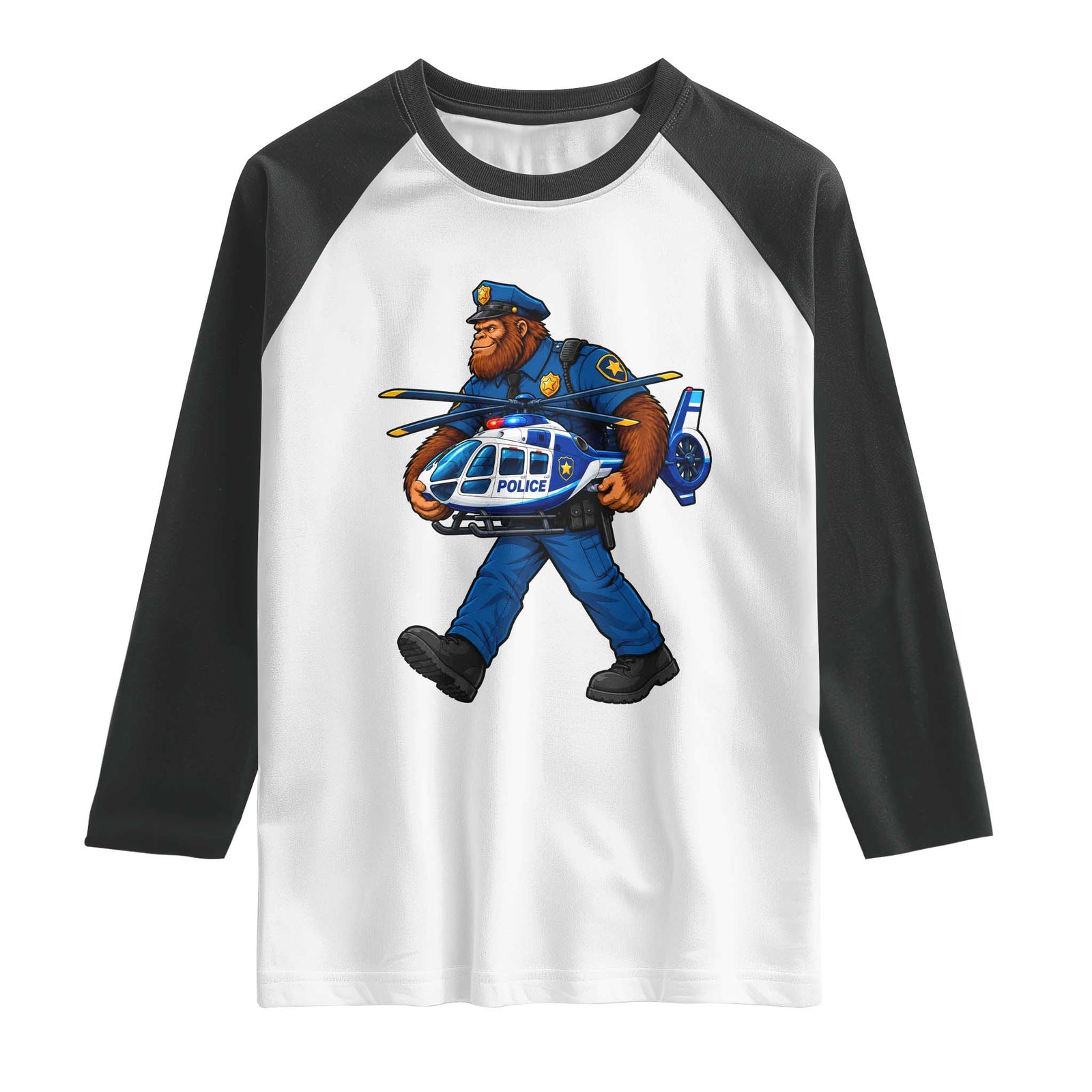 Funny Bigfoot Police Raglan Shirt Law Enforcement Carrying Helicopter