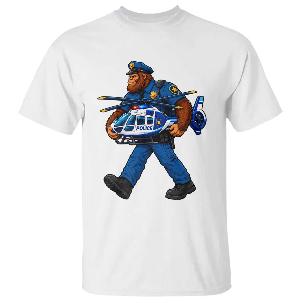 Funny Bigfoot Police T Shirt Law Enforcement Carrying Helicopter