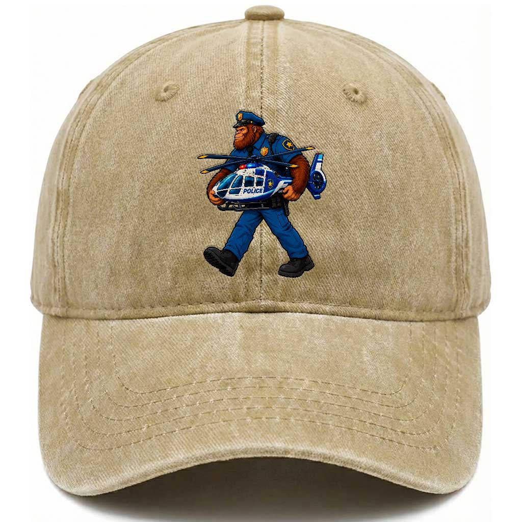 Funny Bigfoot Police Washed Cotton Baseball Cap Law Enforcement Carrying Helicopter