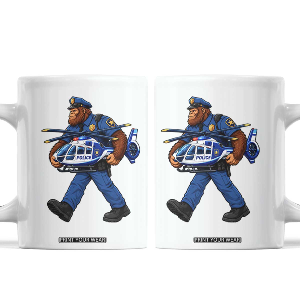 Funny Bigfoot Police Coffee Mug Law Enforcement Carrying Helicopter