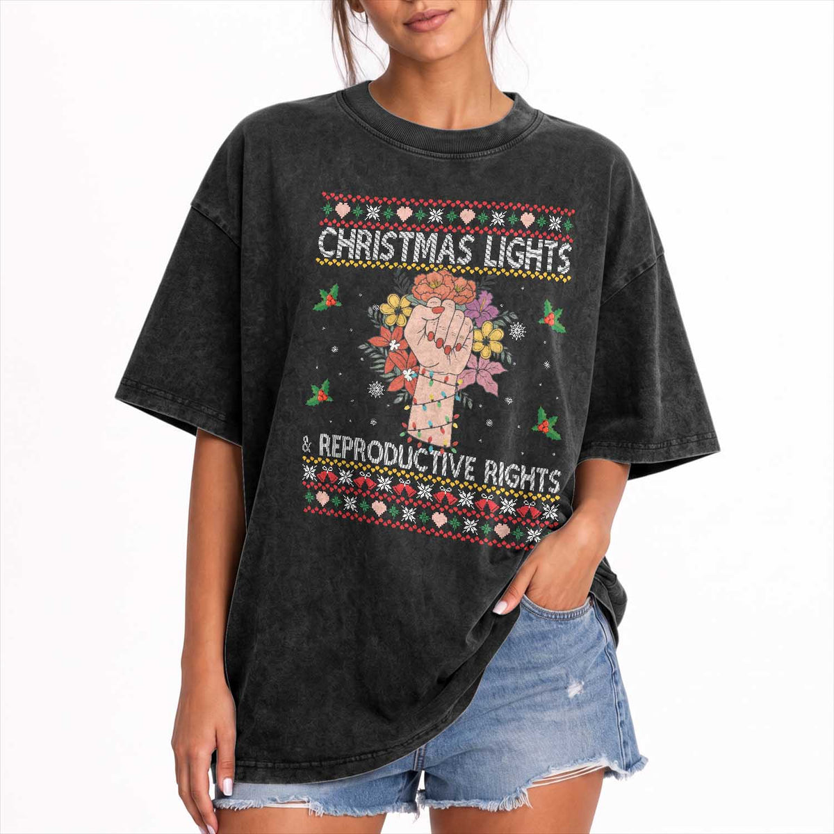 Funny Feminist Lights And Reproductive Rights Washed Cotton T-Shirt Ugly Christmas Gift