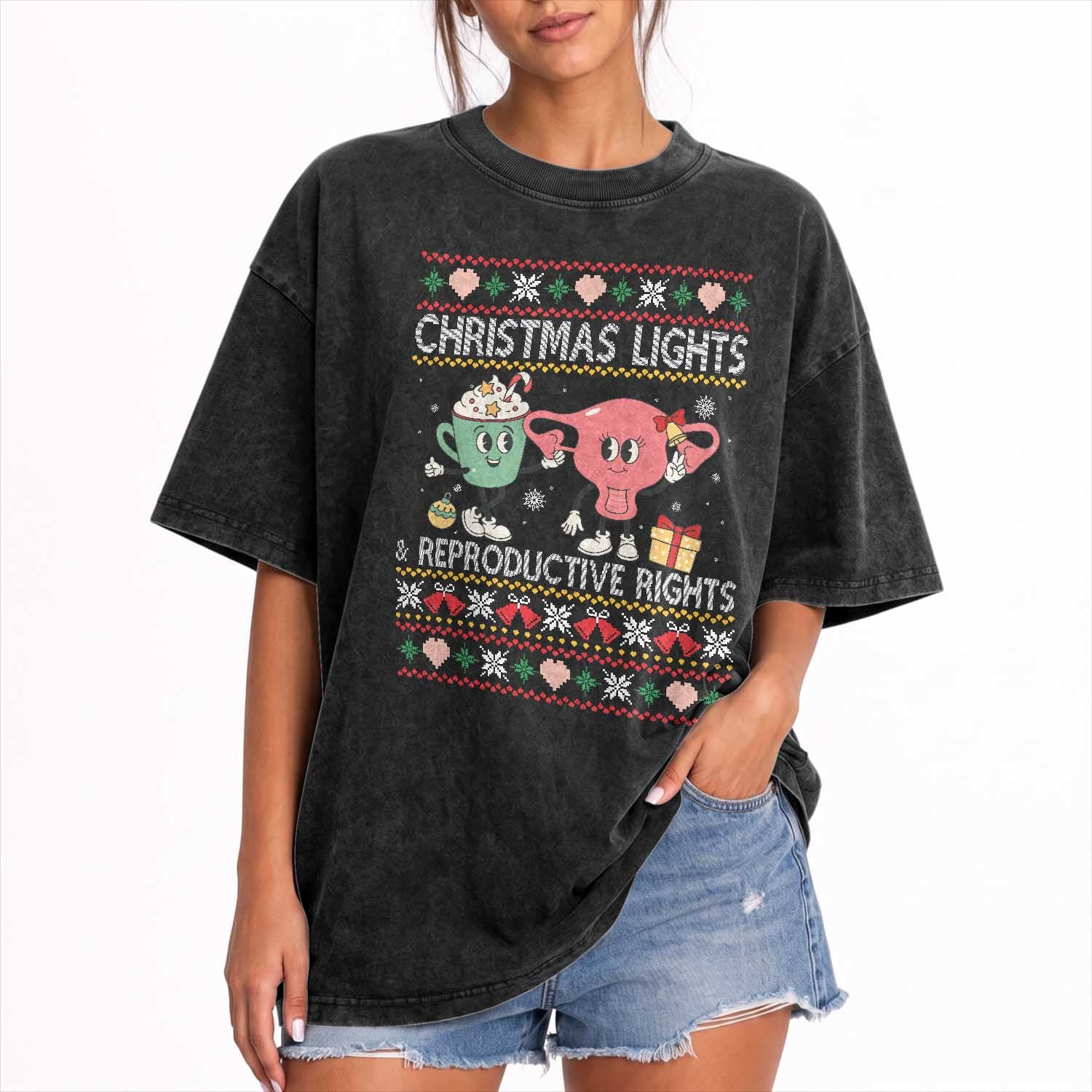 Funny Feminist Christmas Lights And Reproductive Rights Ugly Holiday Gift Washed Cotton T-Shirt
