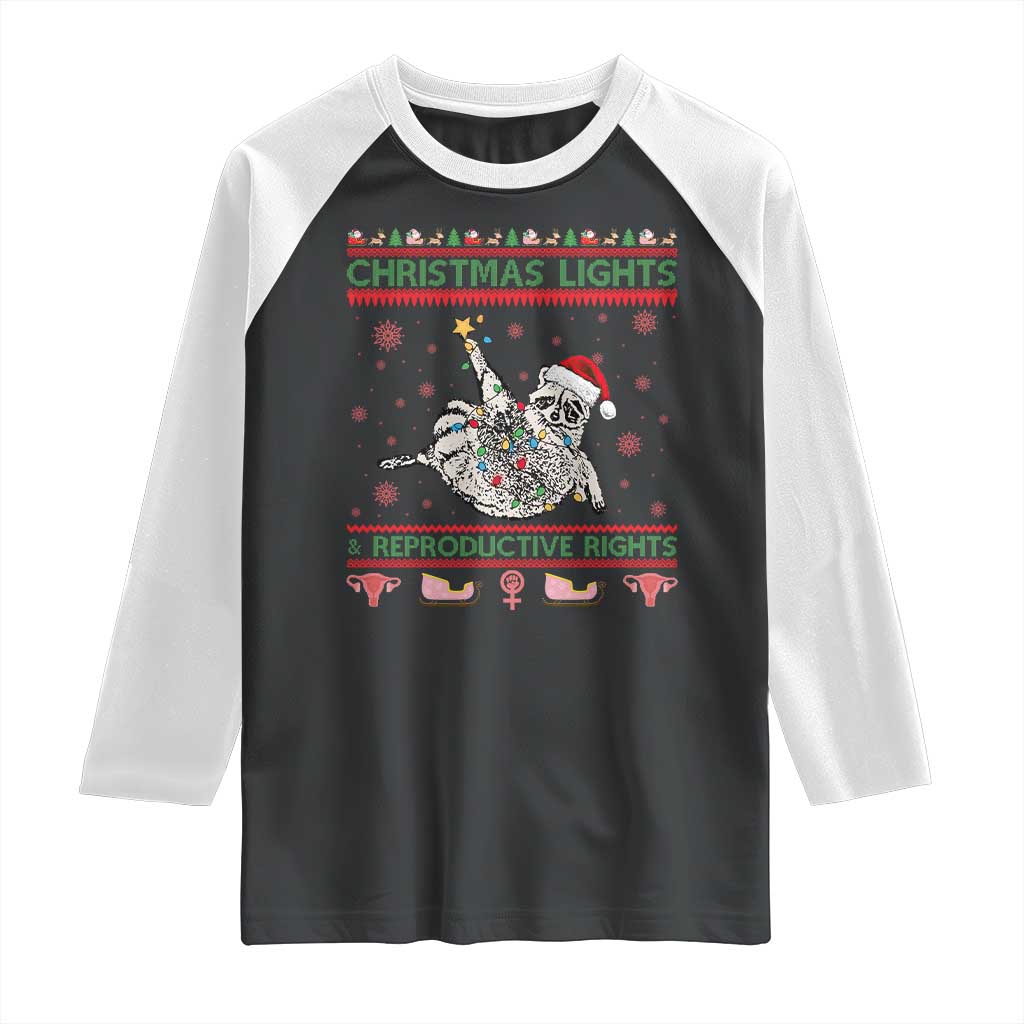 Christmas Lights And Reproductive Rights Ugly Christmas Raglan Shirt Feminist Raccoon Gift TS12 Black White Print Your Wear