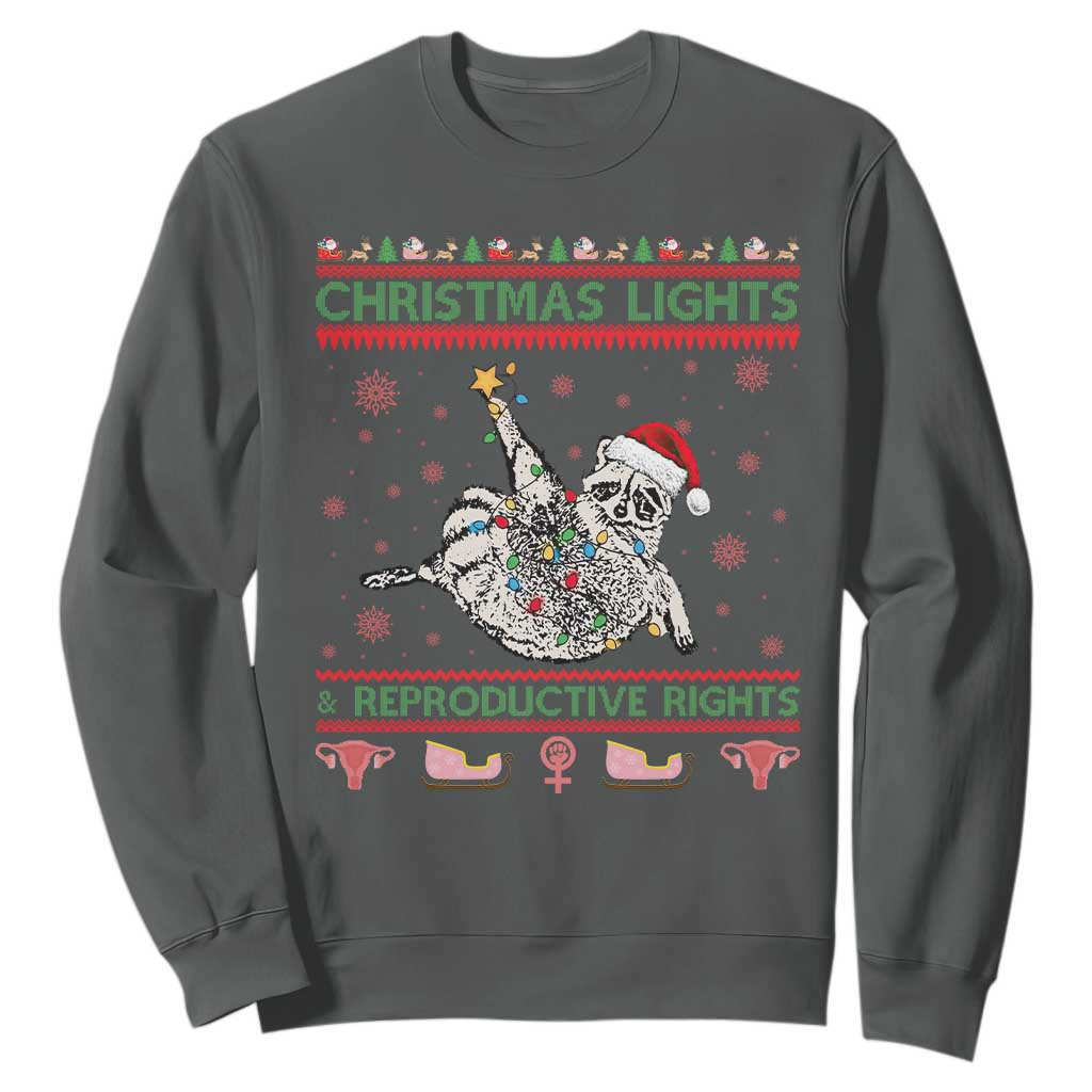 Christmas Lights And Reproductive Rights Ugly Christmas Sweatshirt Feminist Raccoon Gift TS12 Dark Heather Print Your Wear