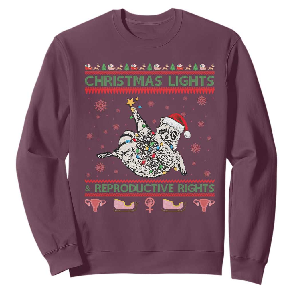Christmas Lights And Reproductive Rights Ugly Christmas Sweatshirt Feminist Raccoon Gift TS12 Maroon Print Your Wear