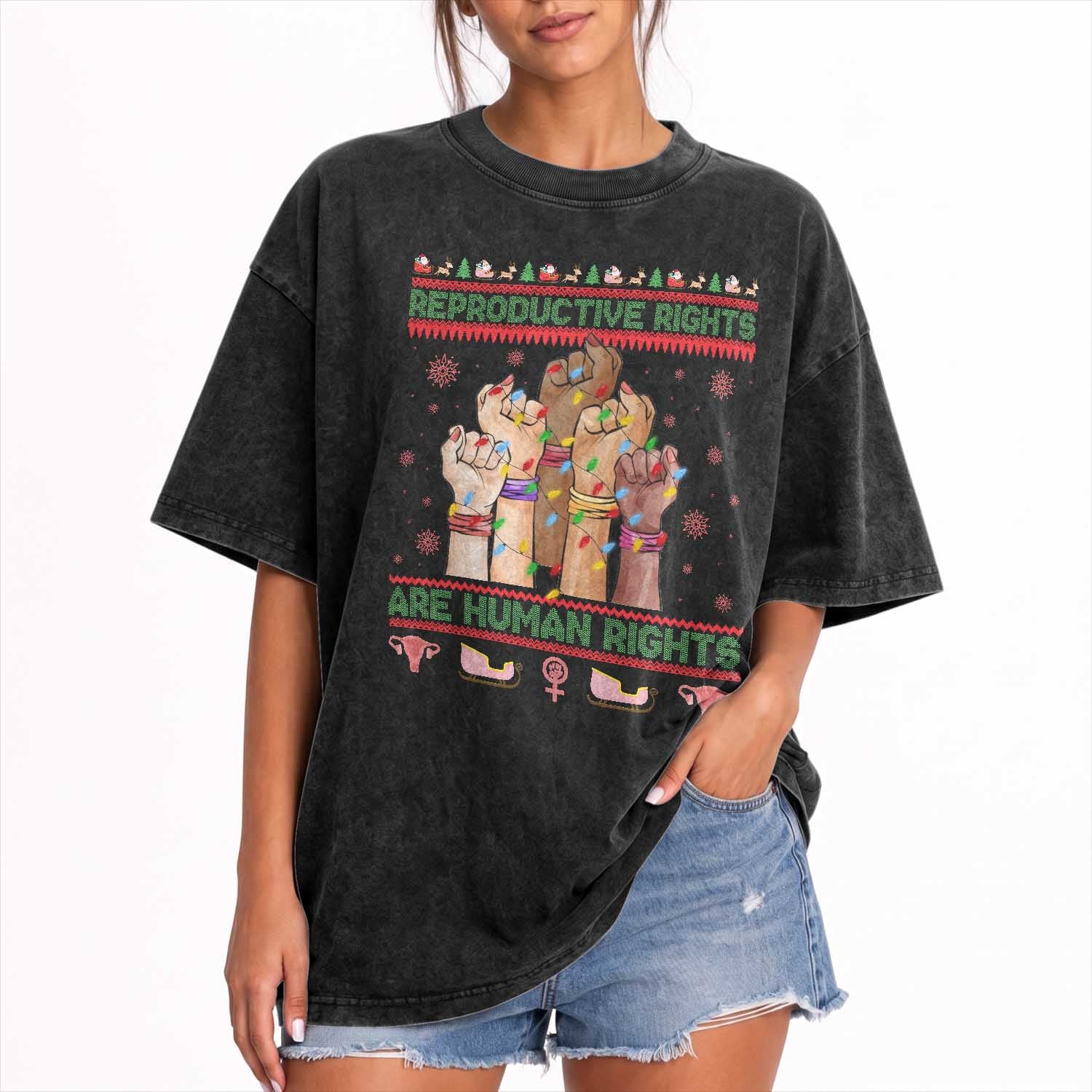 Ugly Christmas Feminist Raccoon Gift Washed Cotton T-Shirt Reproductive Rights Are Human Rights