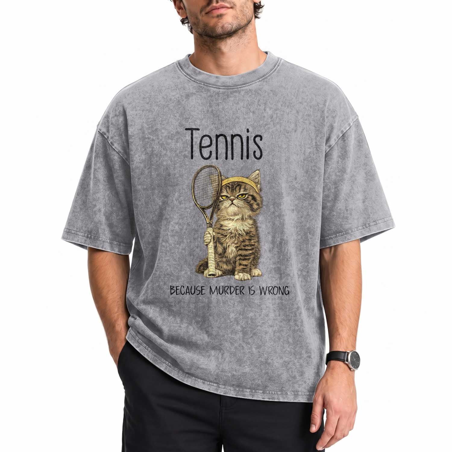 Funny Cat Plays Tennis Washed Cotton T-Shirt Because Murder Is Wrong