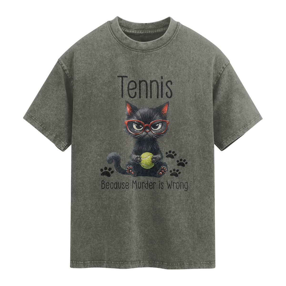Funny Tennis Cat Gift Washed Cotton T-Shirt Because Murder Is Wrong