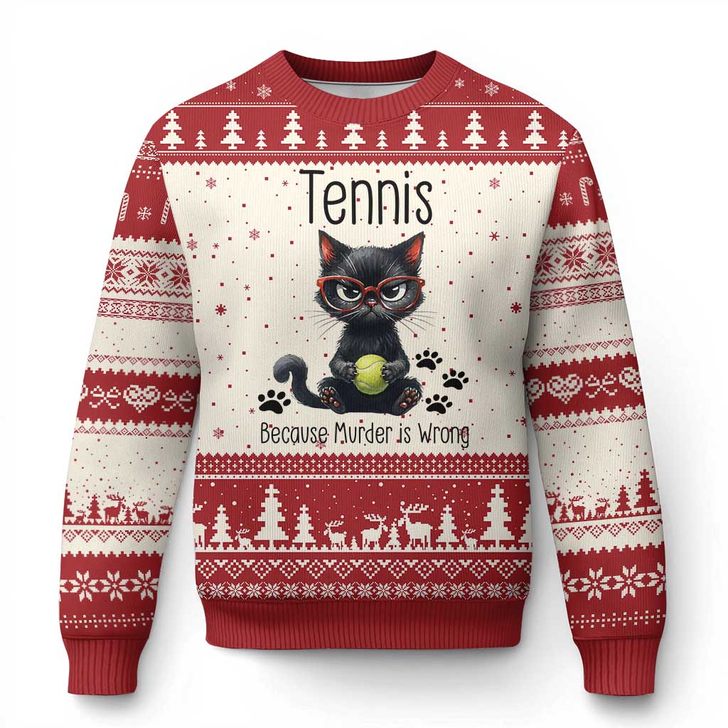 Funny Tennis Cat Gift Ugly Christmas Sweater Because Murder Is Wrong TS12 Beige Red Print Your Wear